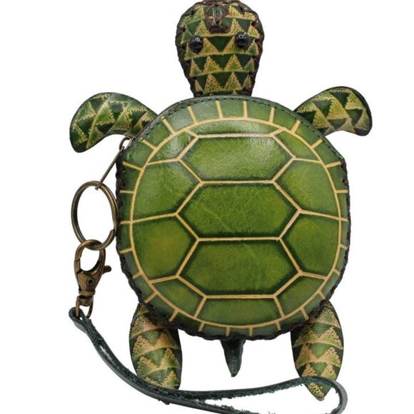 Handmade Leather Turtle Coin Purse Wristlet Keychain Zipper Pouch Animal Wallet - Picture 3 of 3